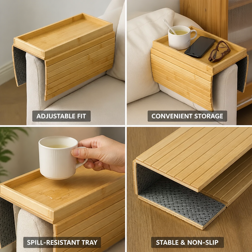 Sofa Armrest Tray Bamboo Adjustable Fit Integrated Storage