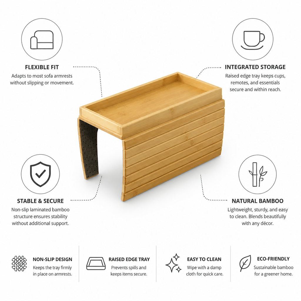 Sofa Armrest Tray Bamboo Adjustable Fit Integrated Storage