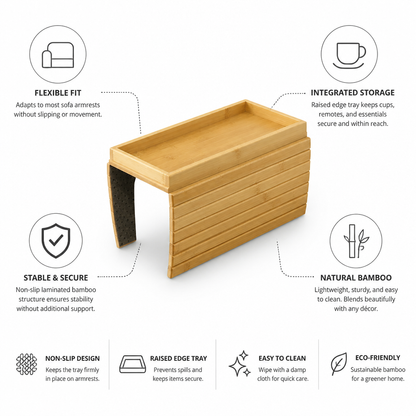 Sofa Armrest Tray Bamboo Adjustable Fit Integrated Storage