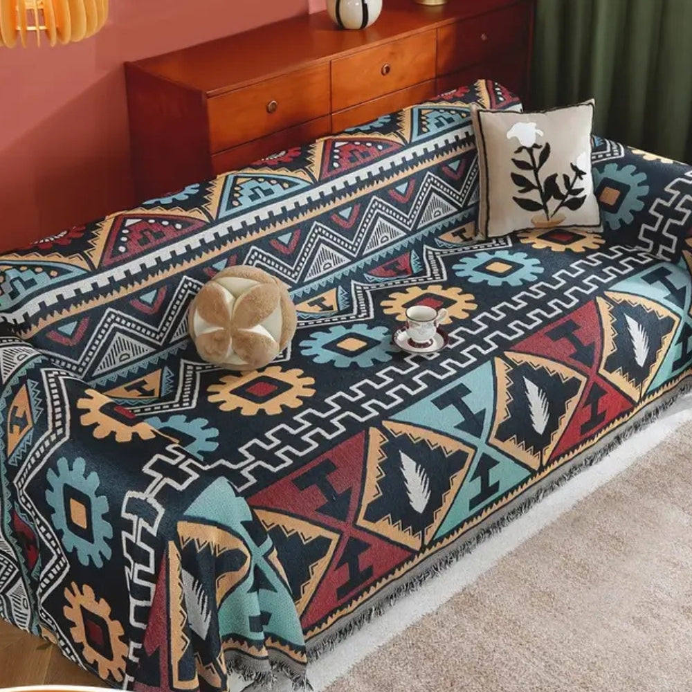 Sofa Cover Aztec Geometric Microfiber Blend Tassel Accents