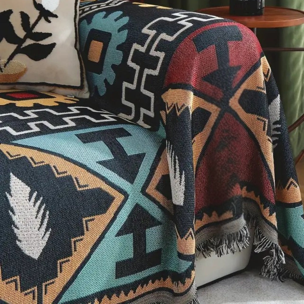 Sofa Cover Aztec Geometric Microfiber Blend Tassel Accents