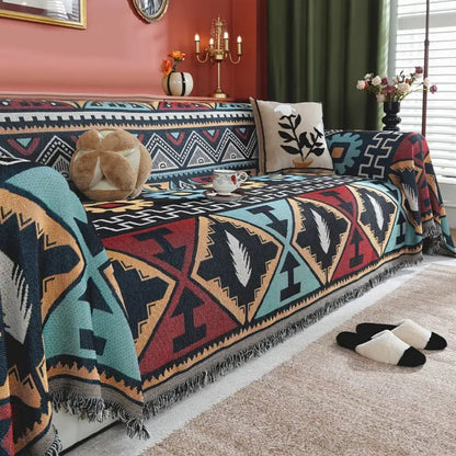 Sofa Cover Aztec Geometric Microfiber Blend Tassel Accents