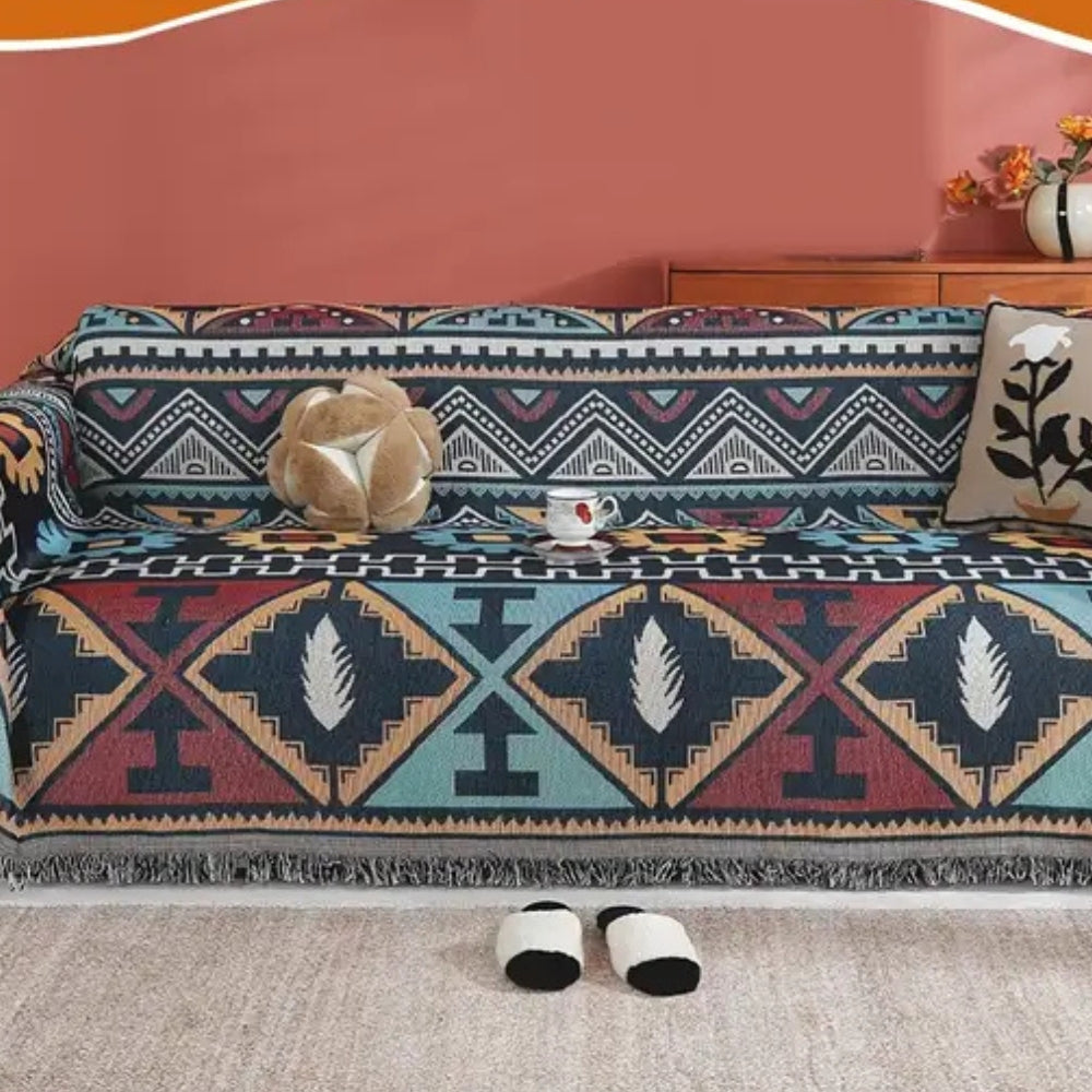 Sofa Cover Aztec Geometric Microfiber Blend Tassel Accents