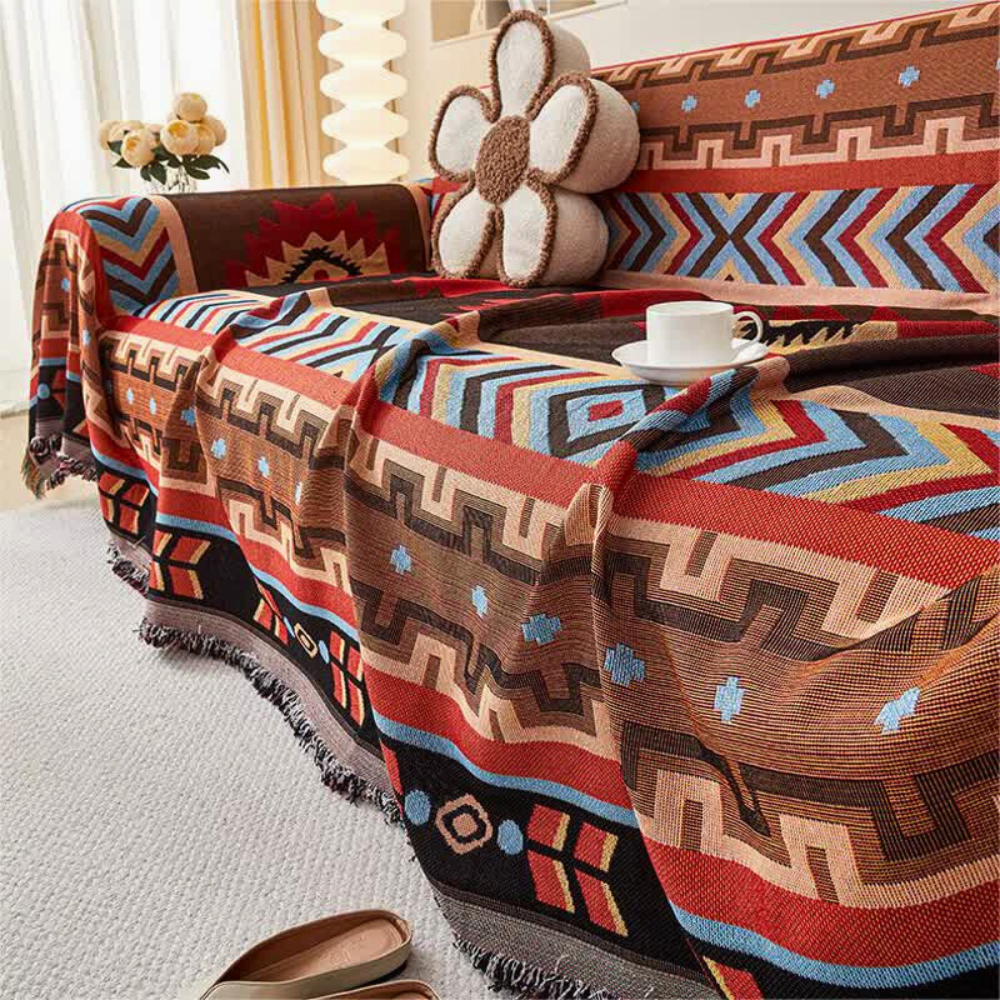 Sofa Cover Boho Geometric Tassel Trim Machine Washable