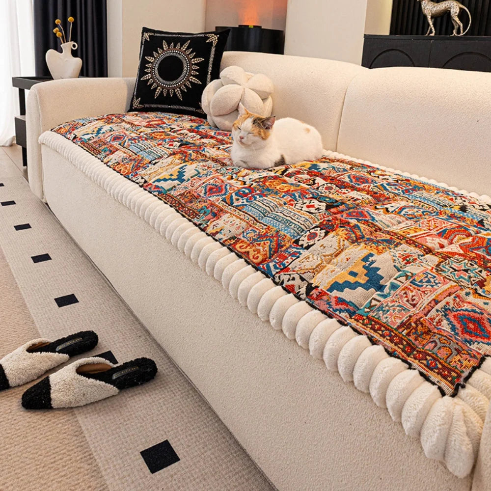 Sofa Cover Boho Jacquard Plush Microfiber & Non-Slip Backing