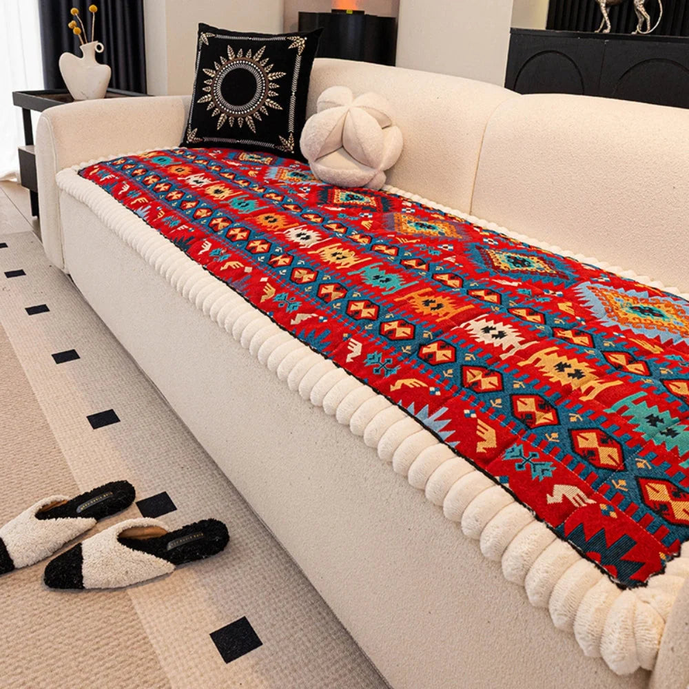 Sofa Cover Boho Jacquard Plush Microfiber & Non-Slip Backing