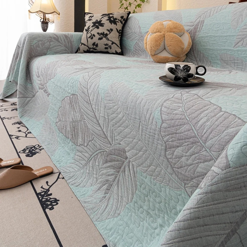 Sofa Cover Breathable Cotton Gauze Leaf Pattern Machine Washable