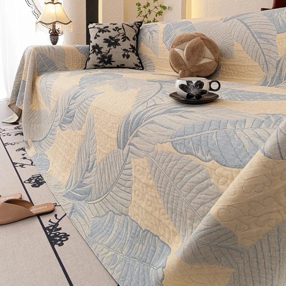 Sofa Cover Breathable Cotton Gauze Leaf Pattern Machine Washable