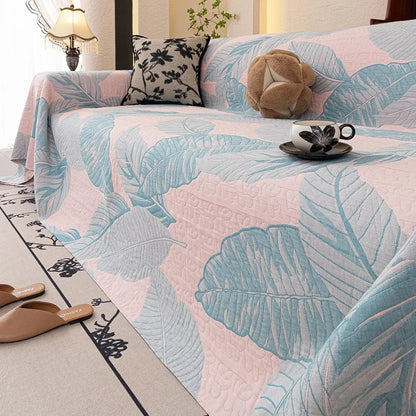 Sofa Cover Breathable Cotton Gauze Leaf Pattern Machine Washable