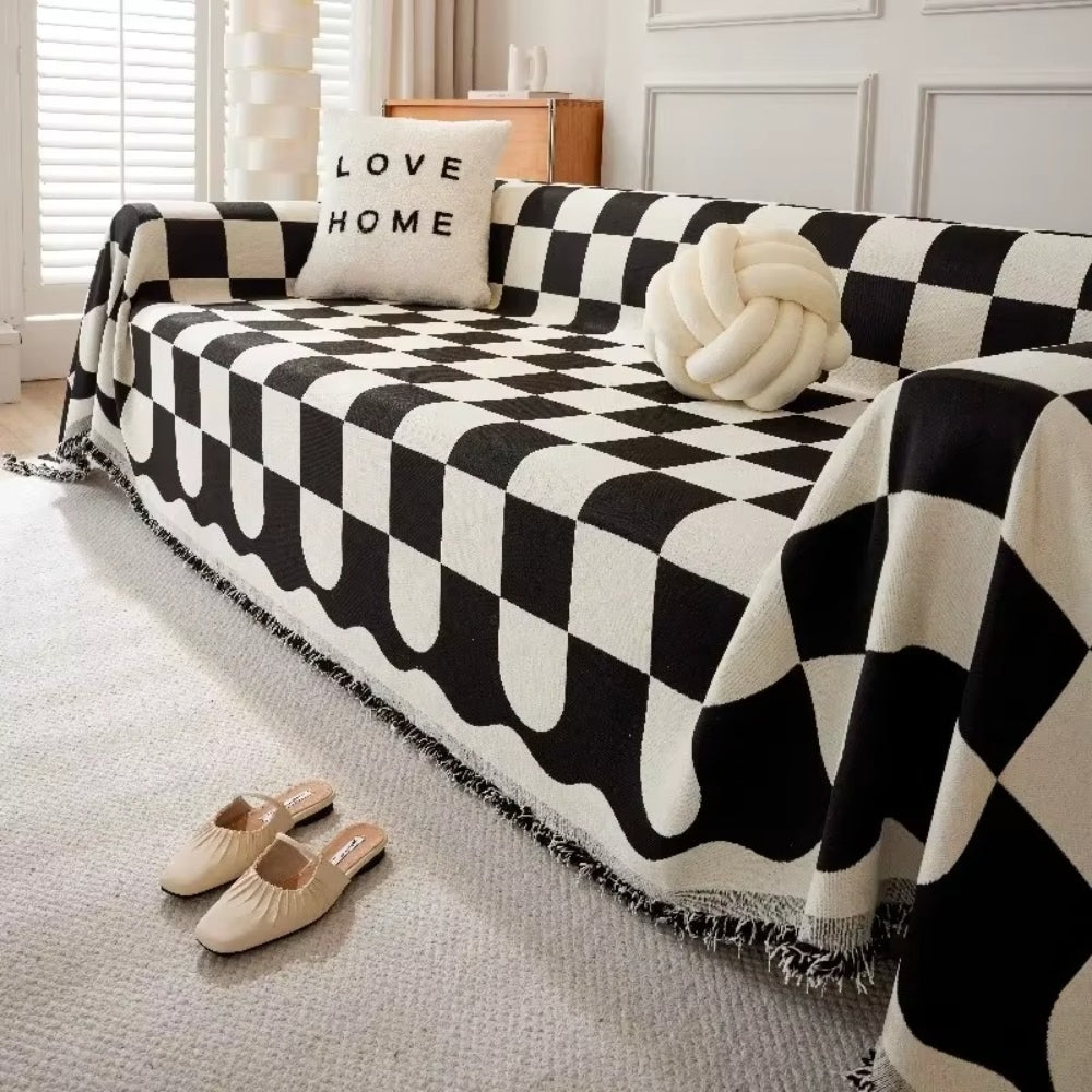 Sofa Cover Checkered Cotton Microfiber Tassels Universal Fit