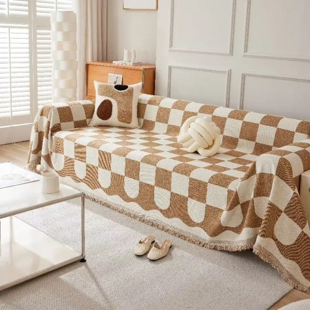 Sofa Cover Checkered Cotton Microfiber Tassels Universal Fit