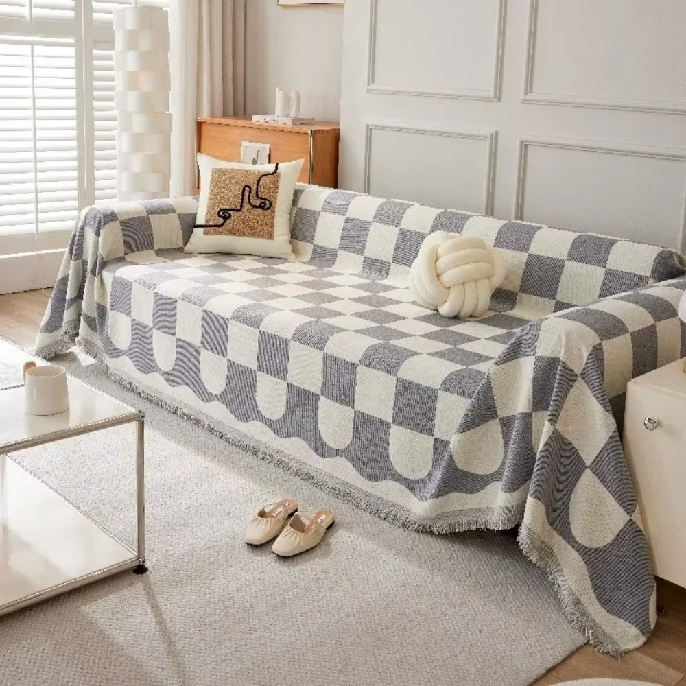 Sofa Cover Checkered Cotton Microfiber Tassels Universal Fit