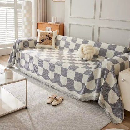 Sofa Cover Checkered Cotton Microfiber Tassels Universal Fit