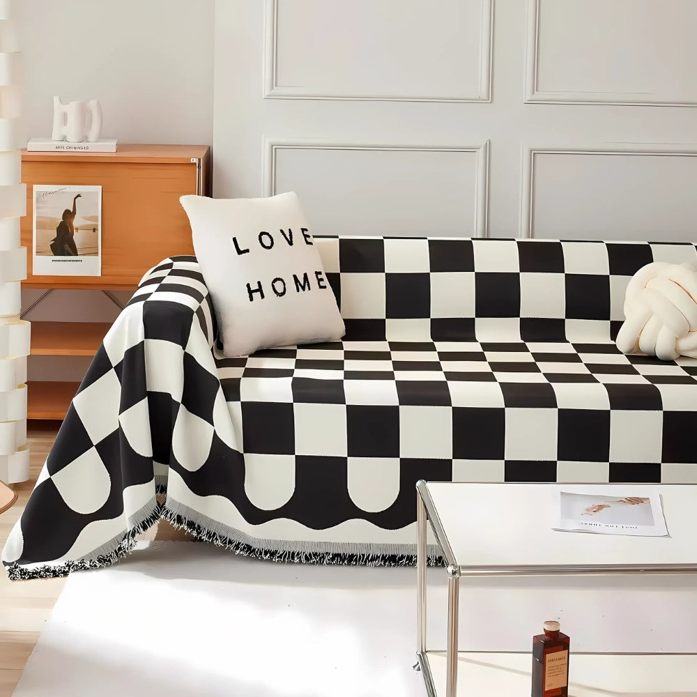 Sofa Cover Checkered Cotton Microfiber Tassels Universal Fit