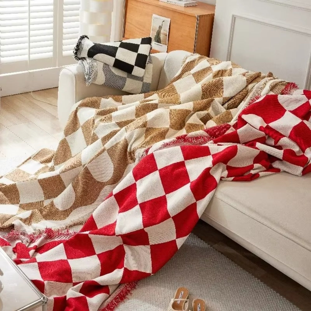 Sofa Cover Checkered Cotton Microfiber Tassels Universal Fit