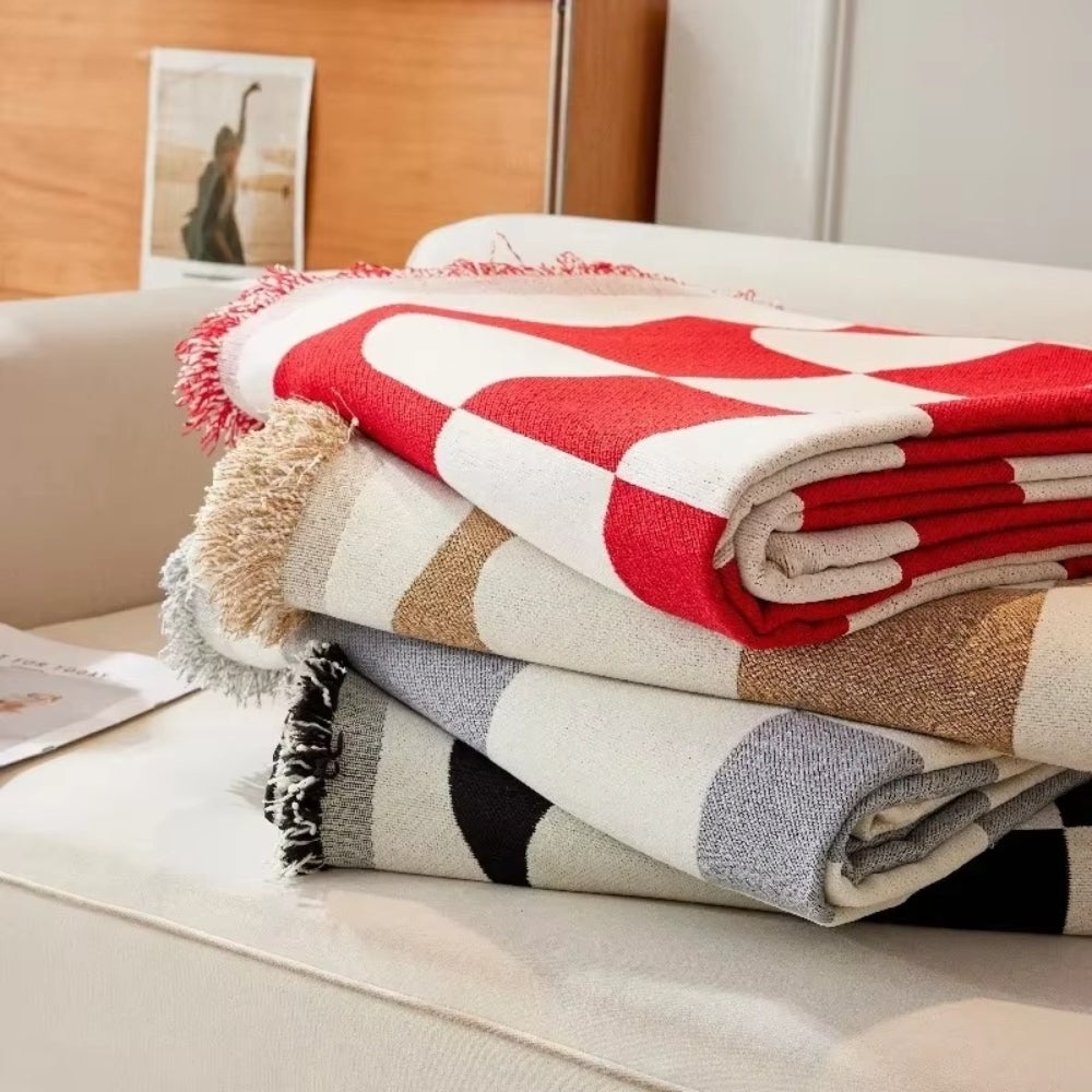 Sofa Cover Checkered Cotton Microfiber Tassels Universal Fit