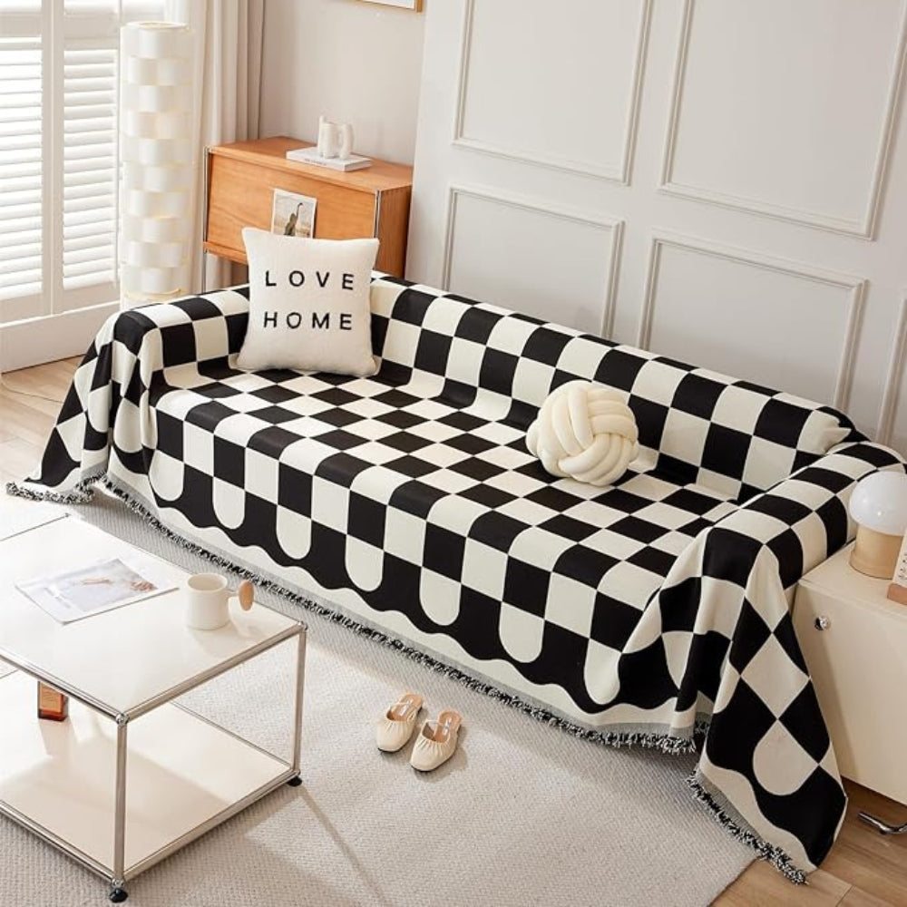 Sofa Cover Checkered Cotton Microfiber Tassels Universal Fit