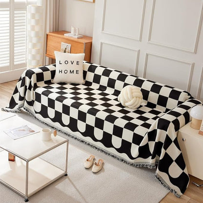 Sofa Cover Checkered Cotton Microfiber Tassels Universal Fit