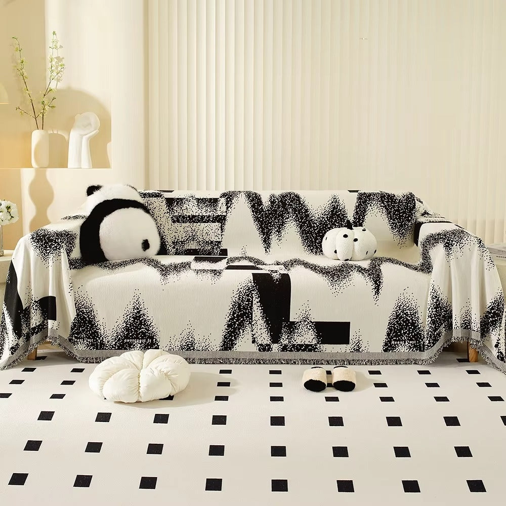 Sofa Cover Chenille Abstract Design Fringed Tassels
