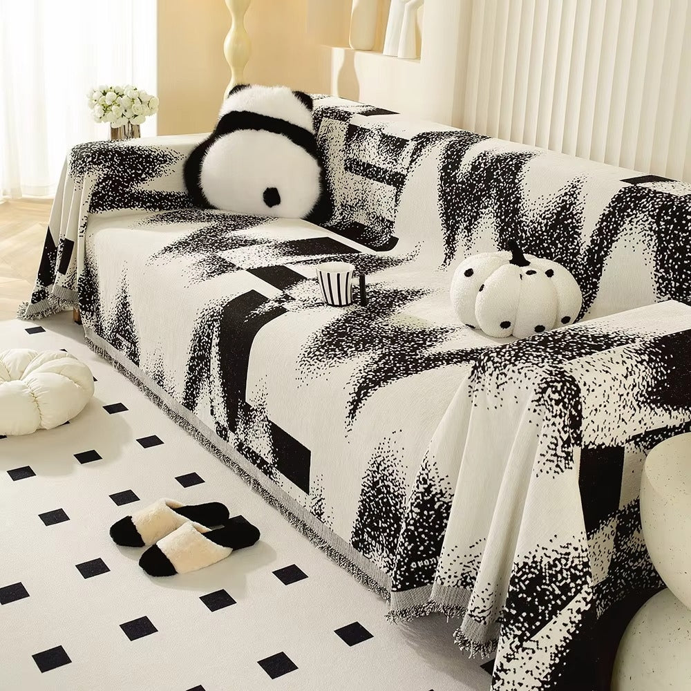 Sofa Cover Chenille Abstract Design Fringed Tassels