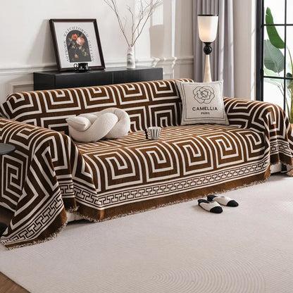Sofa Cover Chenille Anti-Scratch Greek Key Tassels