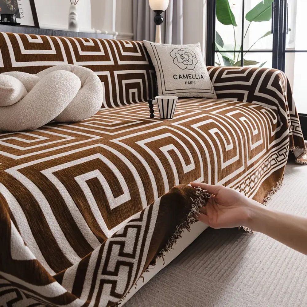 Sofa Cover Chenille Anti-Scratch Greek Key Tassels