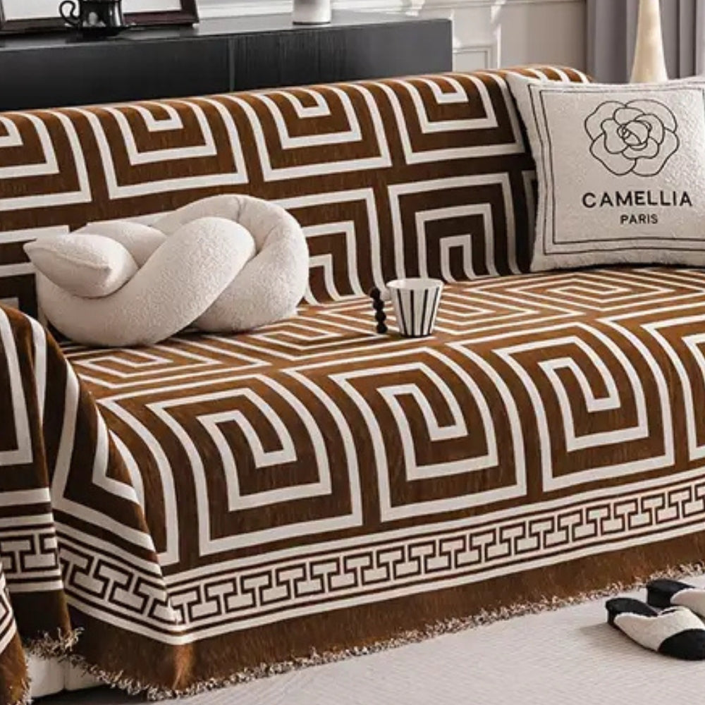 Sofa Cover Chenille Anti-Scratch Greek Key Tassels