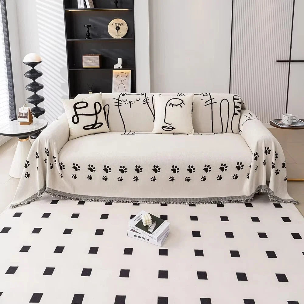 Sofa Cover Chenille Cat Paw Print Tassel Edge