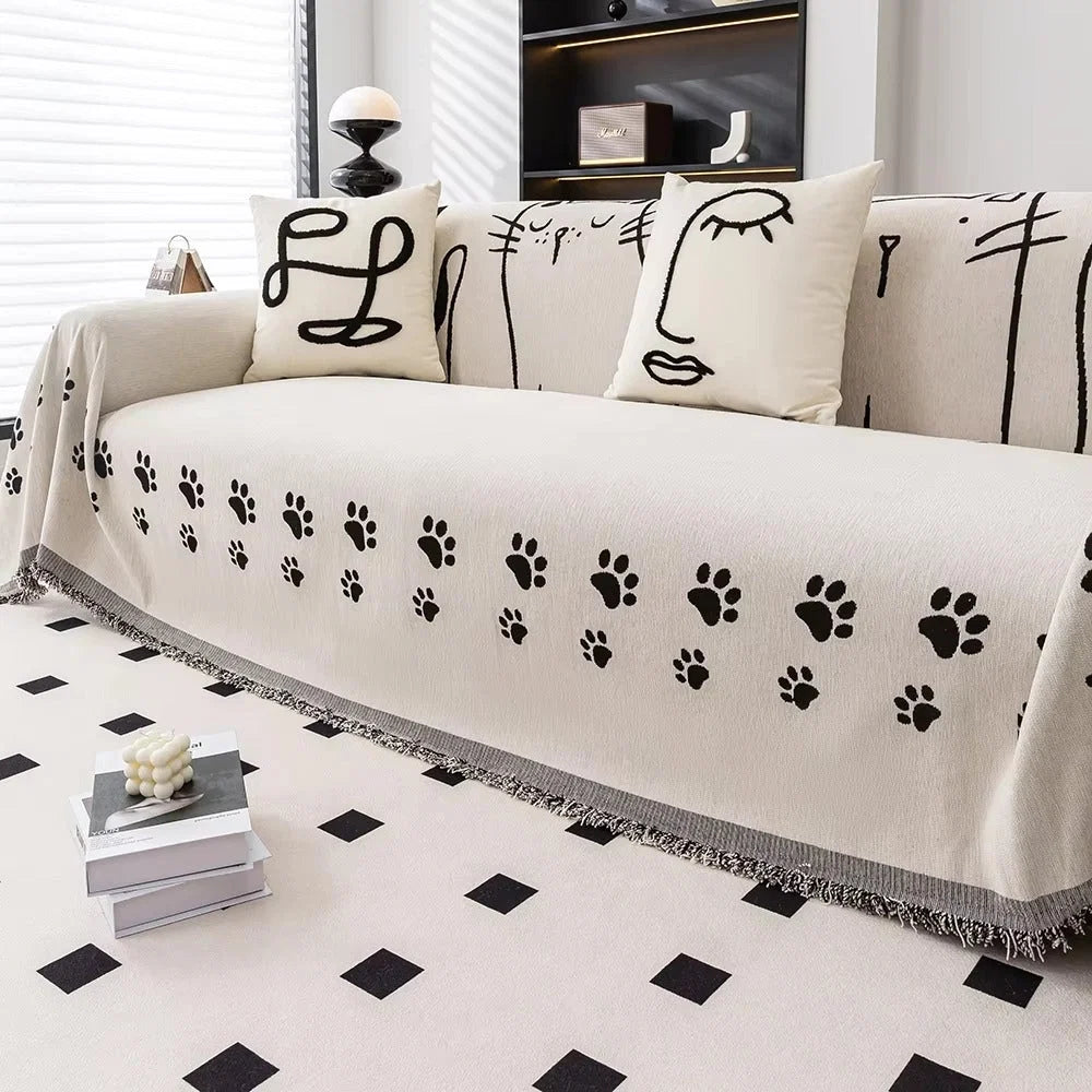 Sofa Cover Chenille Cat Paw Print Tassel Edge
