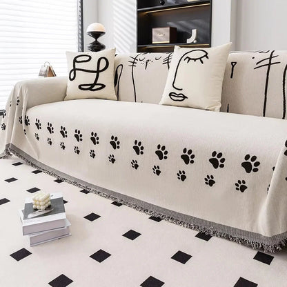 Sofa Cover Chenille Cat Paw Print Tassel Edge