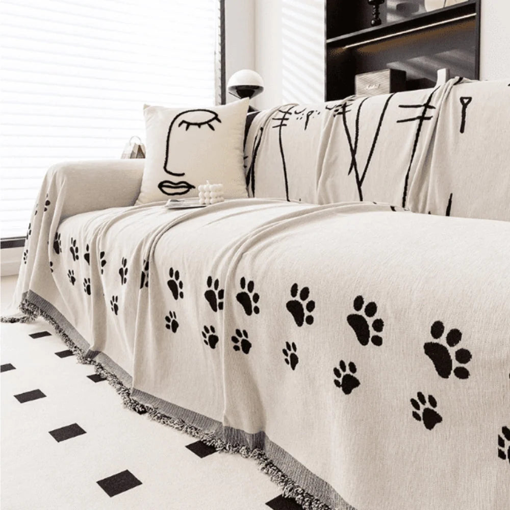 Sofa Cover Chenille Cat Paw Print Tassel Edge