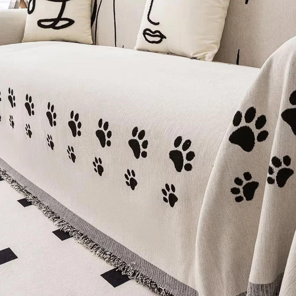 Sofa Cover Chenille Cat Paw Print Tassel Edge