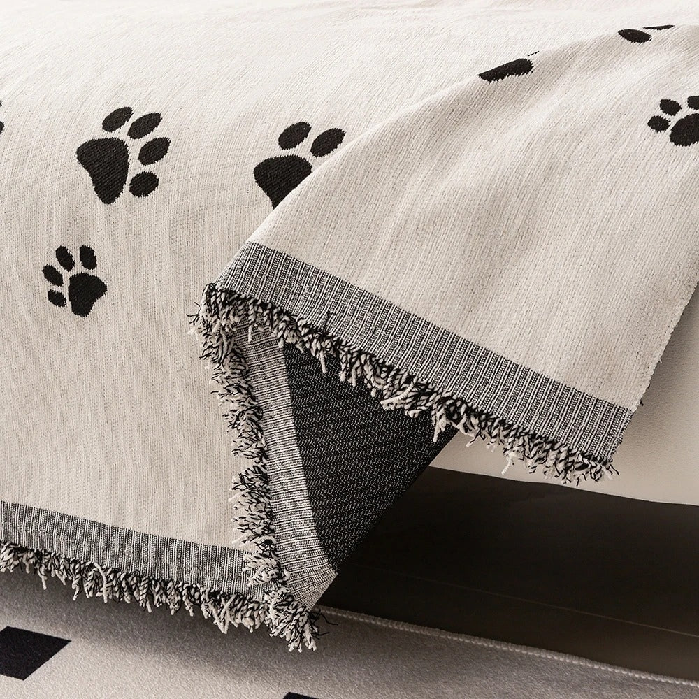 Sofa Cover Chenille Cat Paw Print Tassel Edge