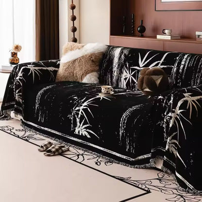 Sofa Cover Chenille Fabric Bamboo Print Fringed Edges
