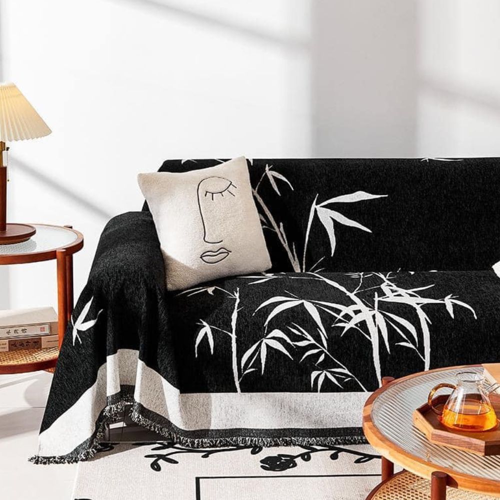 Sofa Cover Chenille Fabric Bamboo Print Fringed Edges