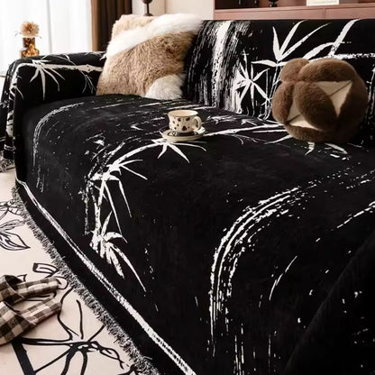 Sofa Cover Chenille Fabric Bamboo Print Fringed Edges