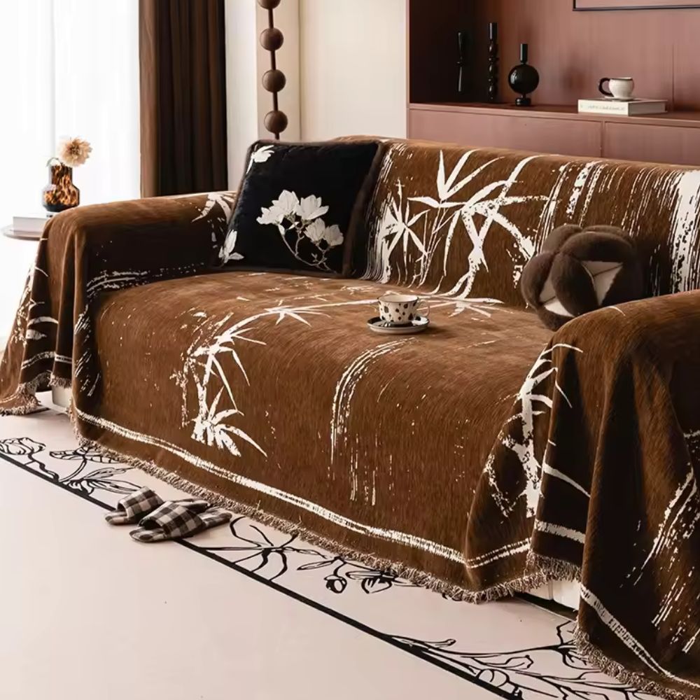 Sofa Cover Chenille Fabric Bamboo Print Fringed Edges