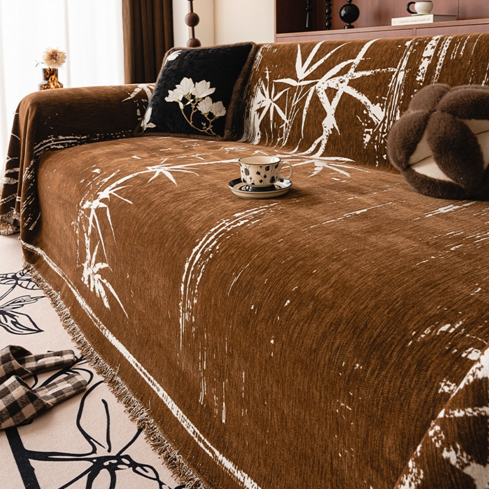 Sofa Cover Chenille Fabric Bamboo Print Fringed Edges