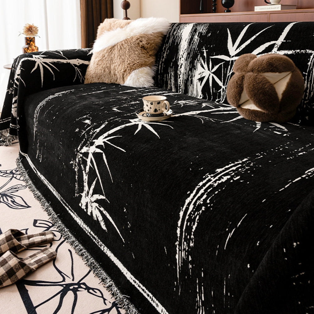 Sofa Cover Chenille Fabric Bamboo Print Fringed Edges