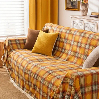 Sofa Cover Chestnut Plaid Microfiber Non-Slip & Full Coverage