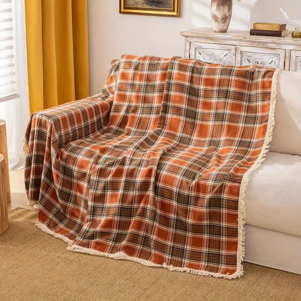Sofa Cover Chestnut Plaid Microfiber Non-Slip & Full Coverage