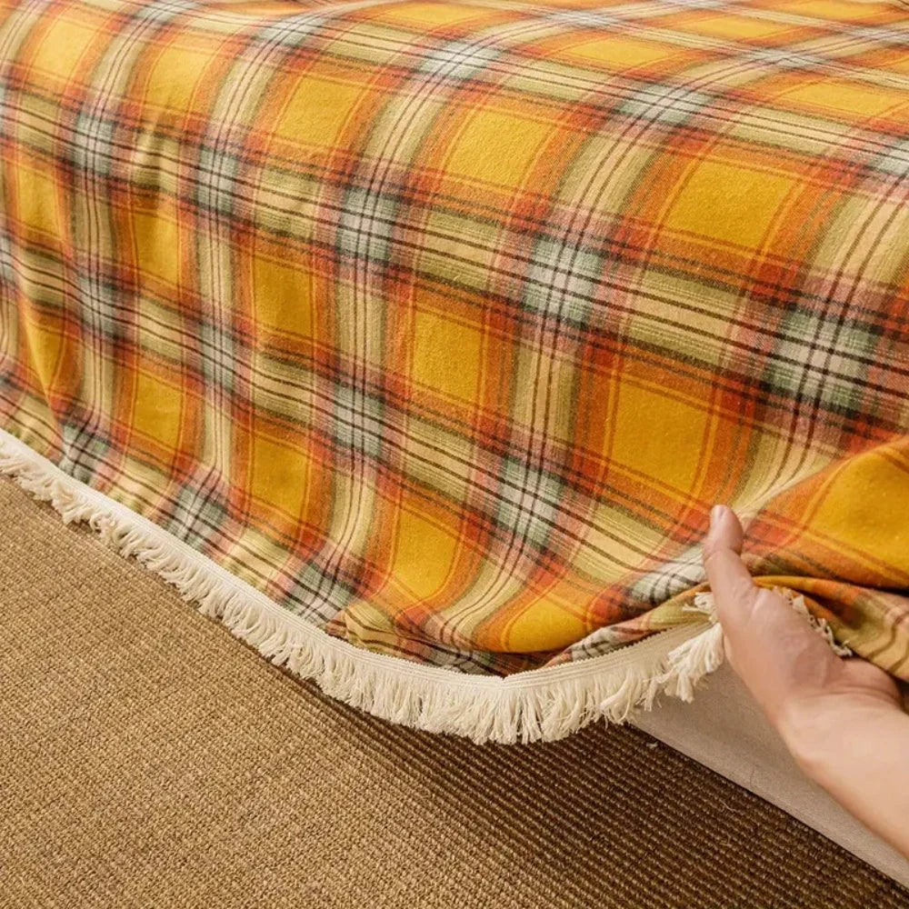 Sofa Cover Chestnut Plaid Microfiber Non-Slip & Full Coverage
