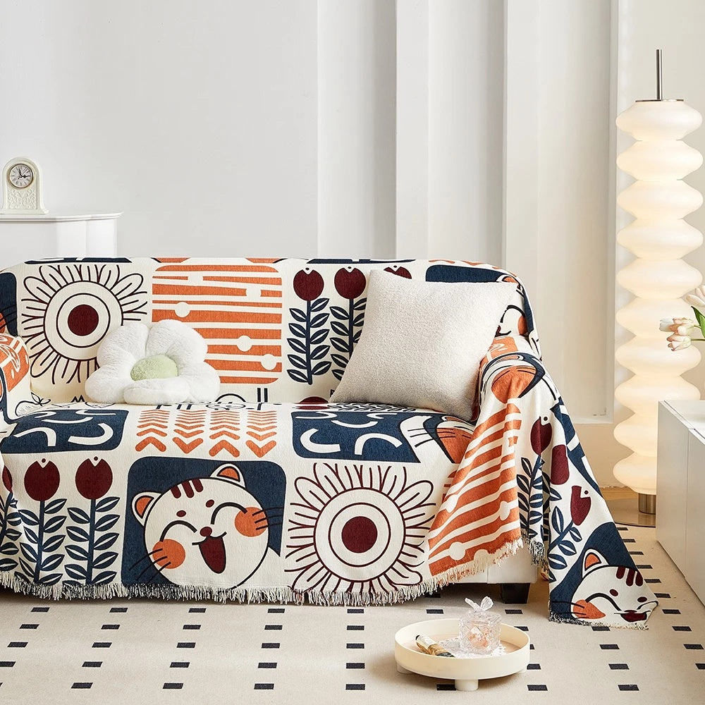 Sofa Cover Cotton-Linen Jacquard & Tassels Stain Resistant