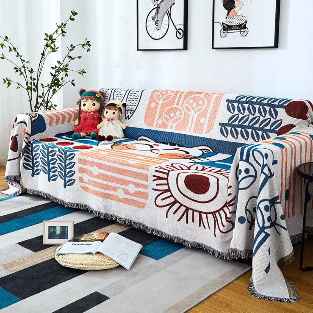 Sofa Cover Cotton-Linen Jacquard & Tassels Stain Resistant
