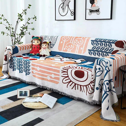 Sofa Cover Cotton-Linen Jacquard & Tassels Stain Resistant
