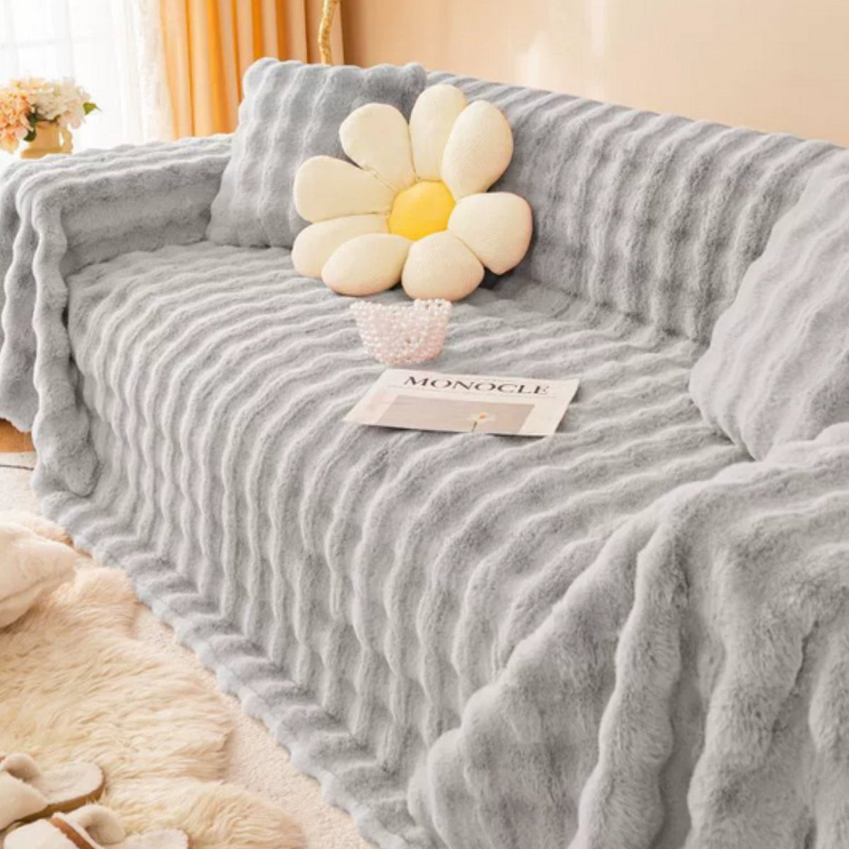 Sofa Cover Faux Rabbit Fur Stretch-Fit & Non-Slip