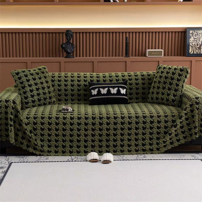 Sofa Cover Houndstooth Plush Microfiber Non-Slip Backing & Machine Washable