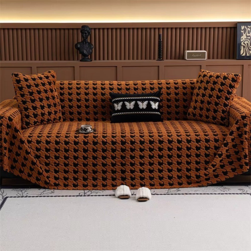 Sofa Cover Houndstooth Plush Microfiber Non-Slip Backing & Machine Washable