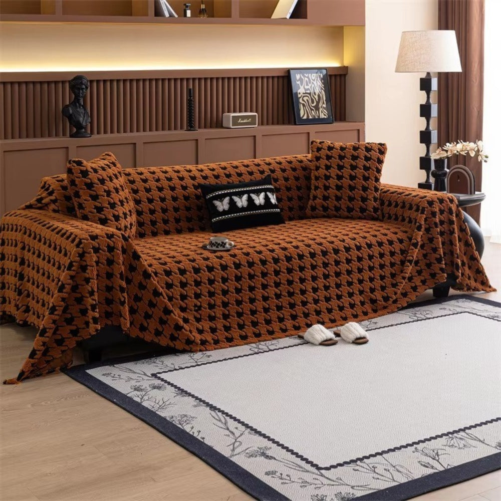 Sofa Cover Houndstooth Plush Microfiber Non-Slip Backing & Machine Washable