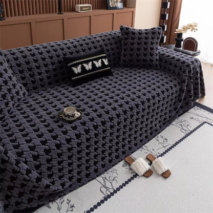 Sofa Cover Houndstooth Plush Microfiber Non-Slip Backing & Machine Washable